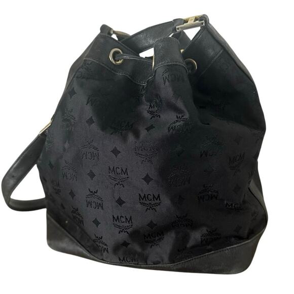 Vintage MCM Bag Black Nylon with Leather Trim Visetos Drawstring Bucket Bag - Picture 6 of 15